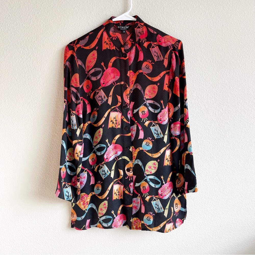 Citron Santa Monica Silk Blouse Lantern Asian Long Sleeve M